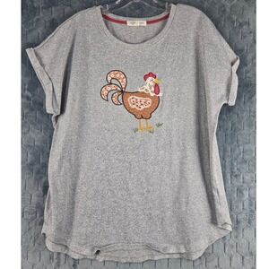 Cactus + Pearl Womens XL Gray Embroidered Chicken Rooster Graphic Tee Shirt